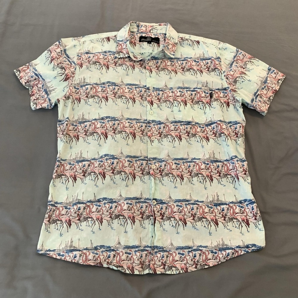 Molokai Surf Co Shirt Mens XL Blue Flamingo Hawaiian Short Sleeve Button Front